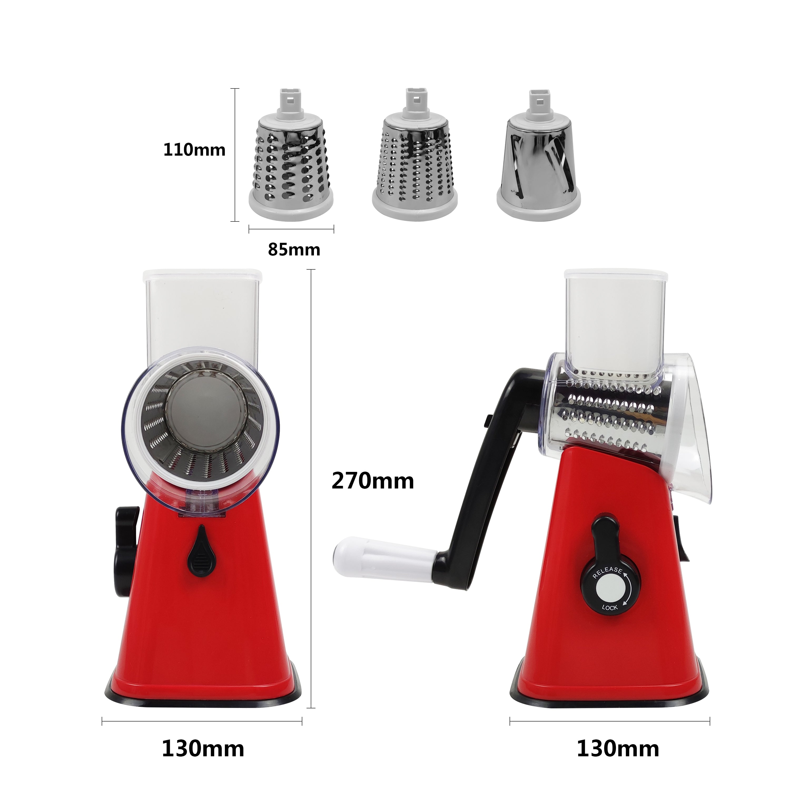 AMOS Rotary Multifunction Cheese Grater, Vegetable Fruit Slicer with Three Stainless Steel Drum Blades