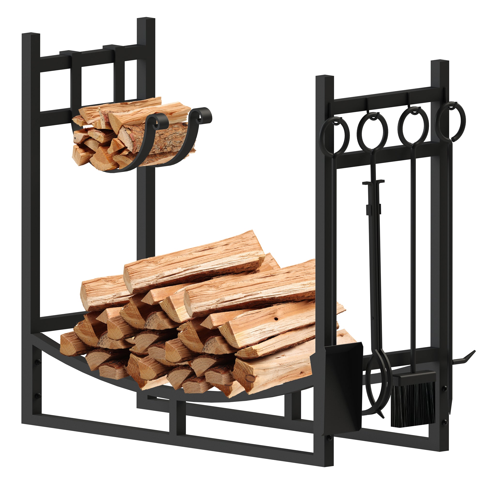 Firewood Rack With 4-Piece Tool Set – Wrought Iron Log Holder For Indoor/Outdoor, 45x30x75cm, Includes Poker, Brush, Shovel, Tongs