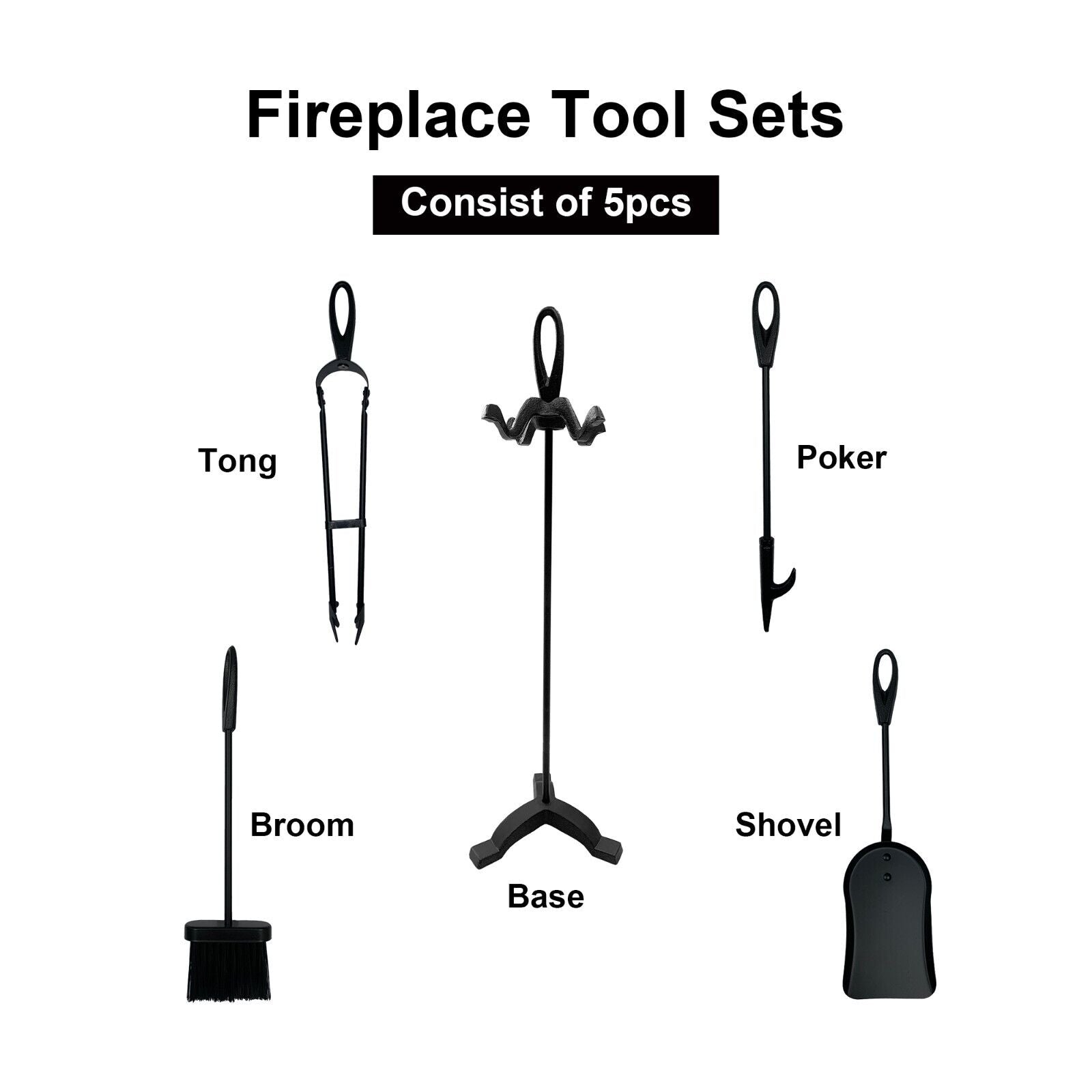 AMOS 5 Piece Metal Fireplace Tool Set with Tong, Poker, Shovel and Broom - Black