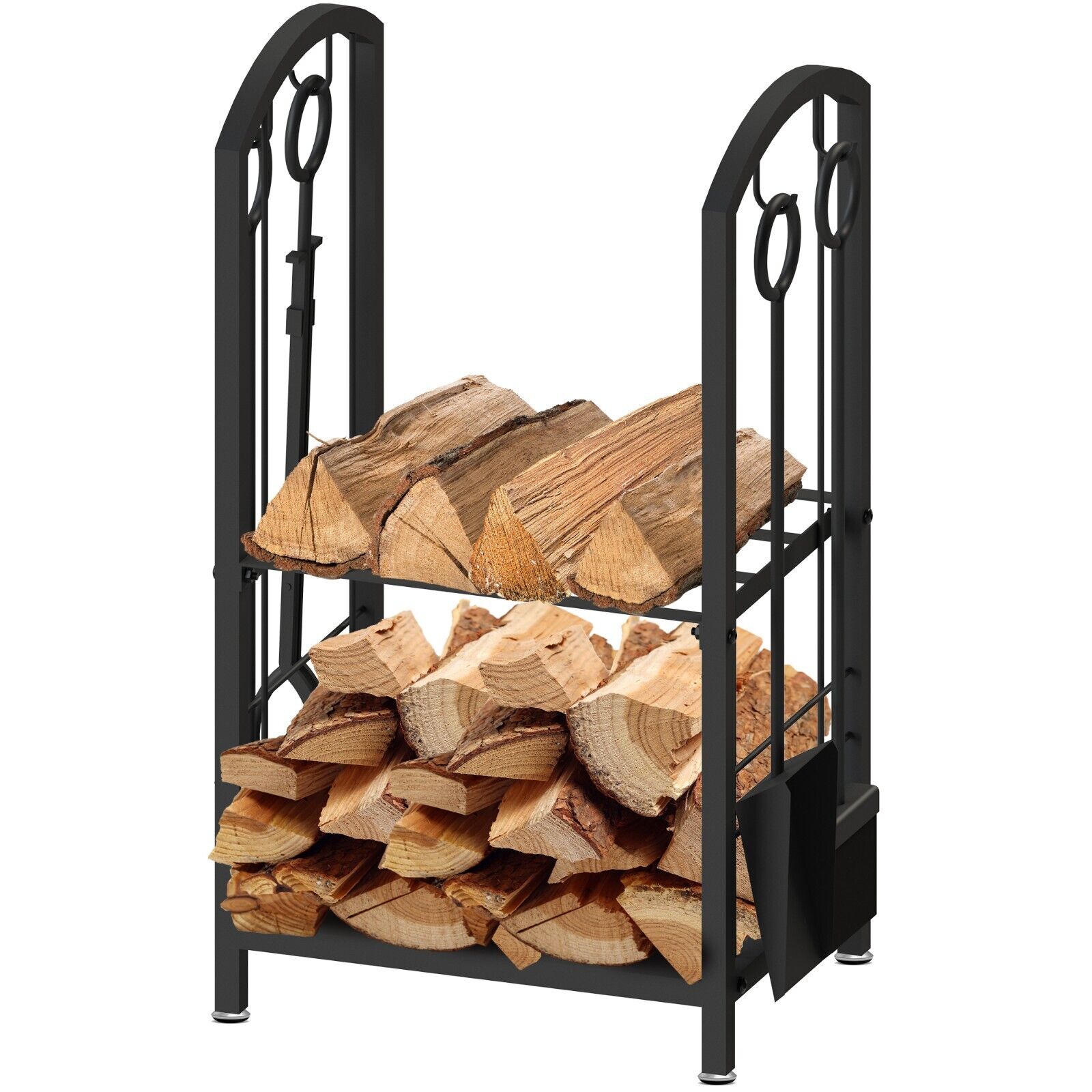 AMOS Firewood Stand Log Rack Holder with 4 Piece Fireplace Tools Set Black