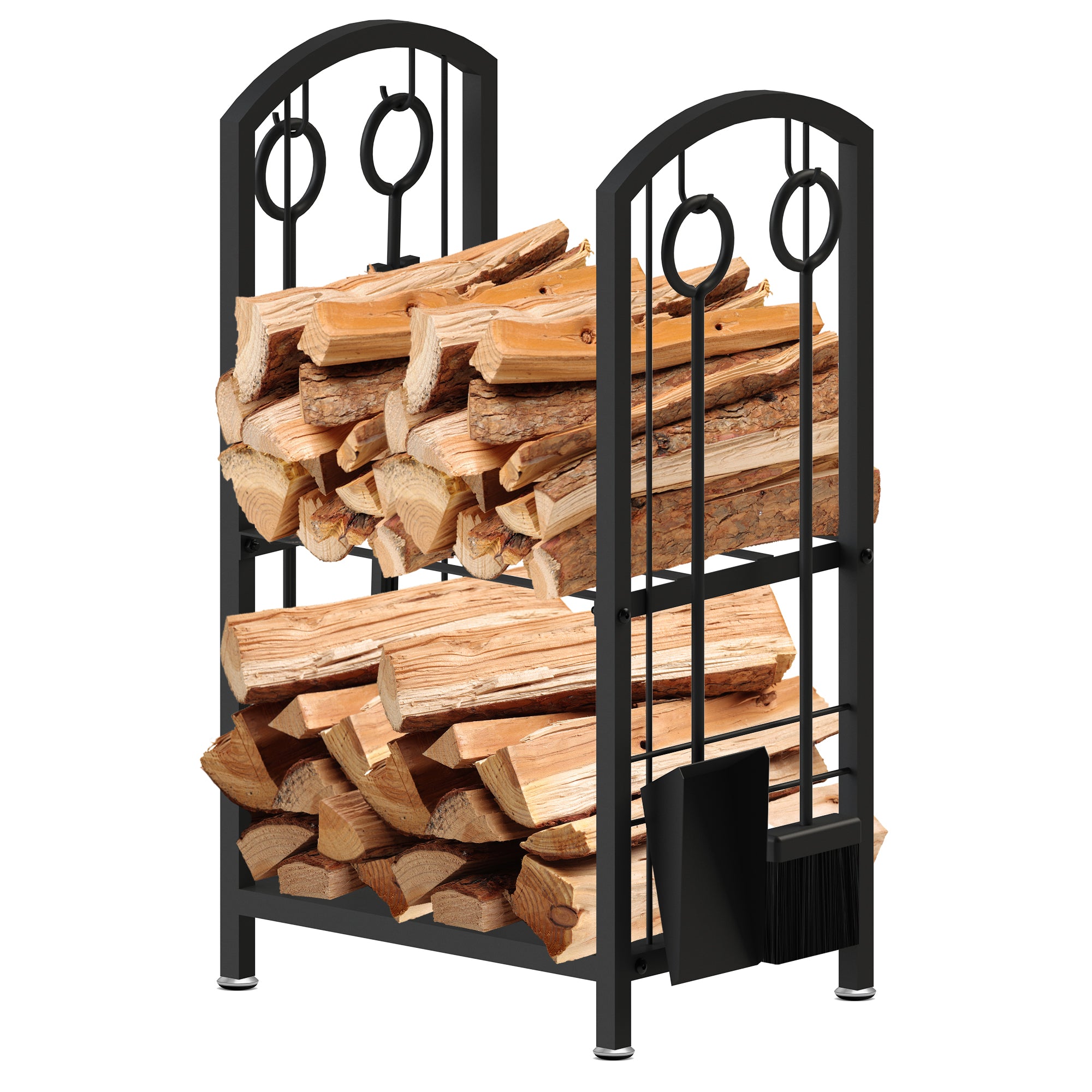 AMOS Firewood Stand Log Rack Holder with 4 Piece Fireplace Tools Set Black