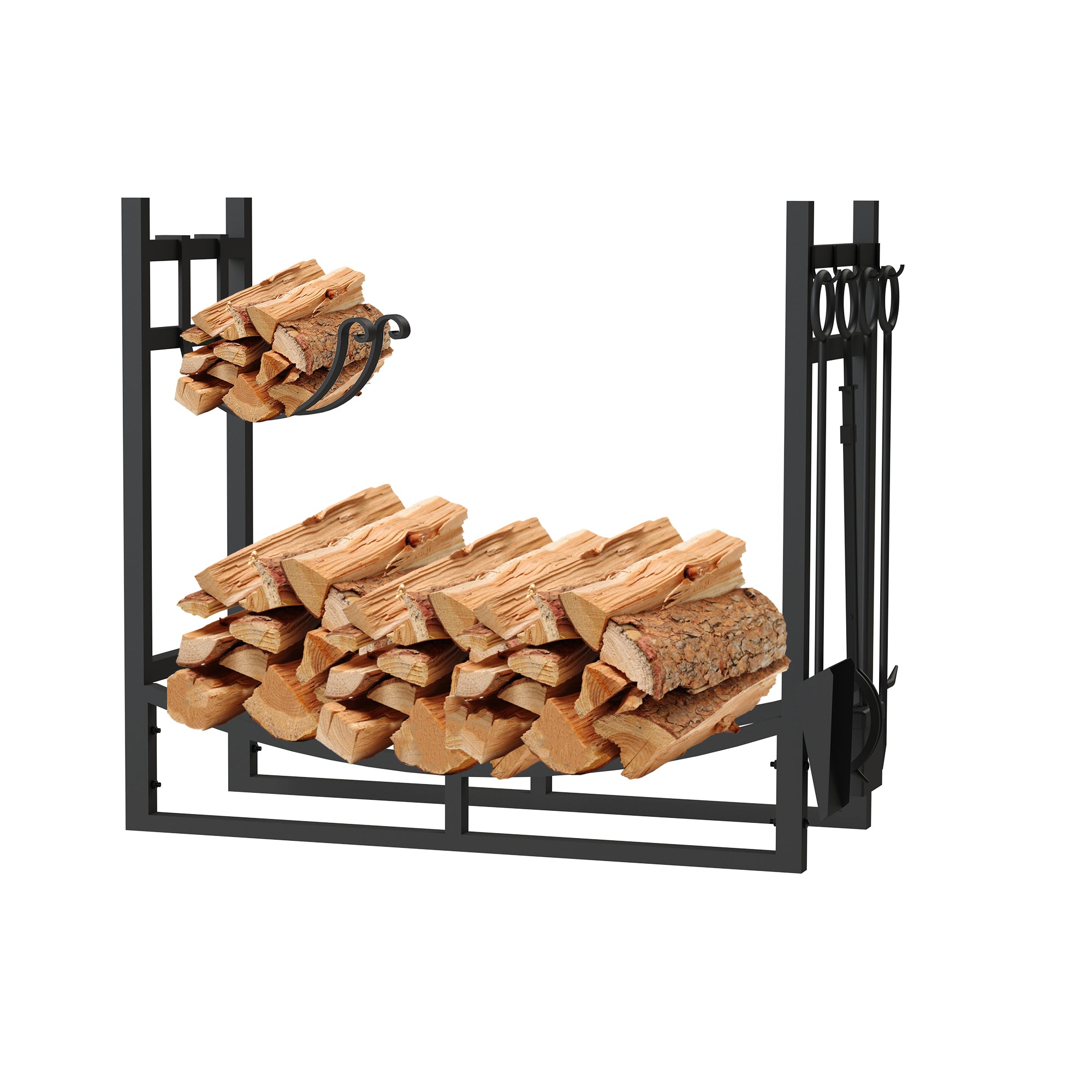 AMOS Large Wide Firewood Stand Log Rack Holder with 4 Piece Fireplace Tools Set