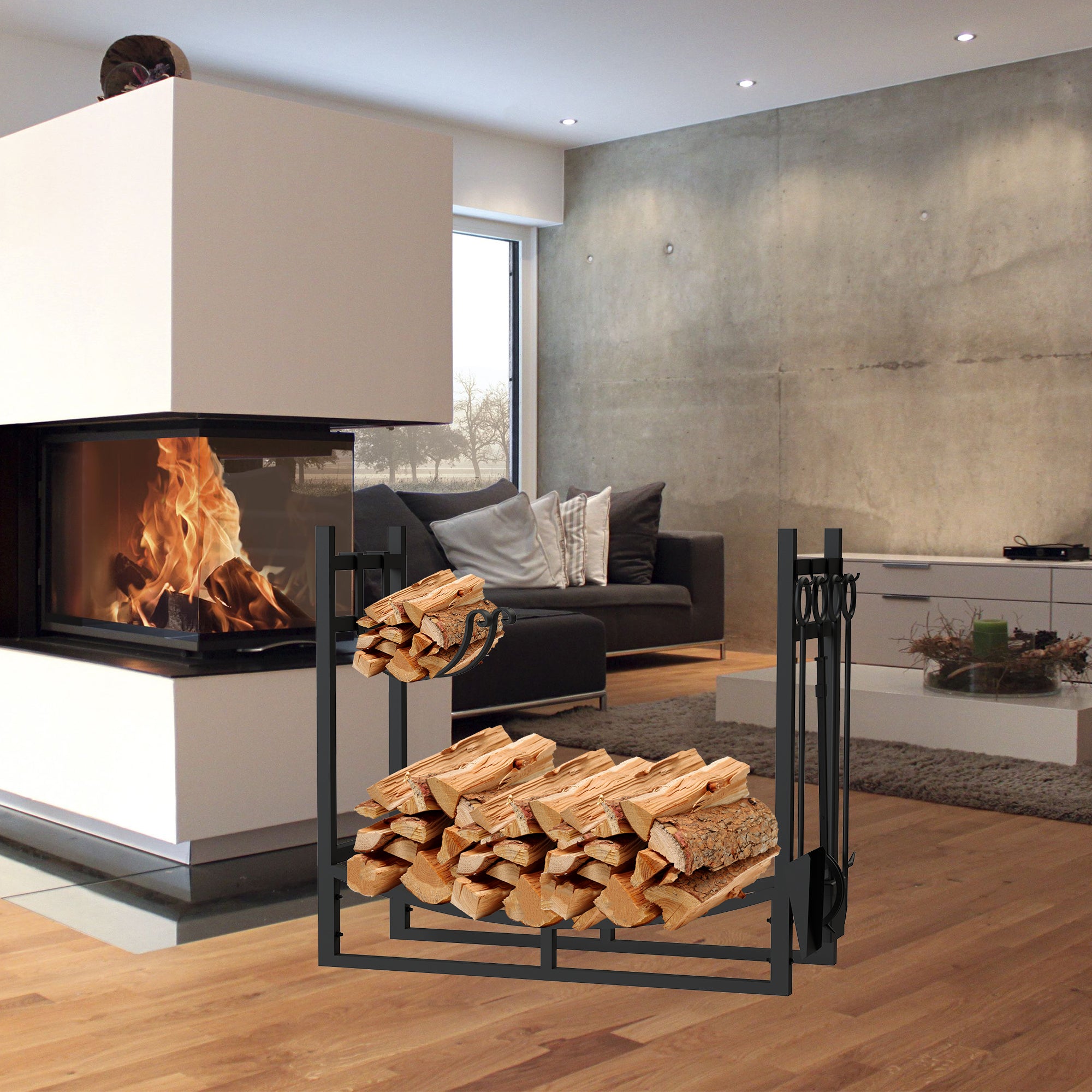 AMOS Large Wide Firewood Stand Log Rack Holder with Piece Fireplace